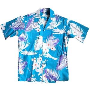 VTG Hawaiian Made Shirt Mens Blue Floral Flowers Button Up Short Sleeve USA ,M